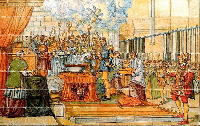 painting: Baptism of Philip II at the gate of the Pimentel Palace